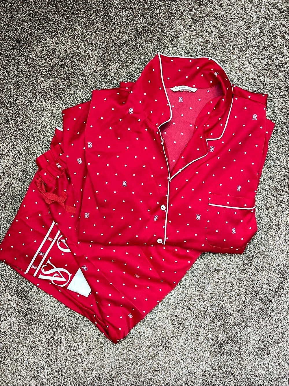 Victoria's Secret Glazed Satin Long Pajama Set Red Polka Dot XXL